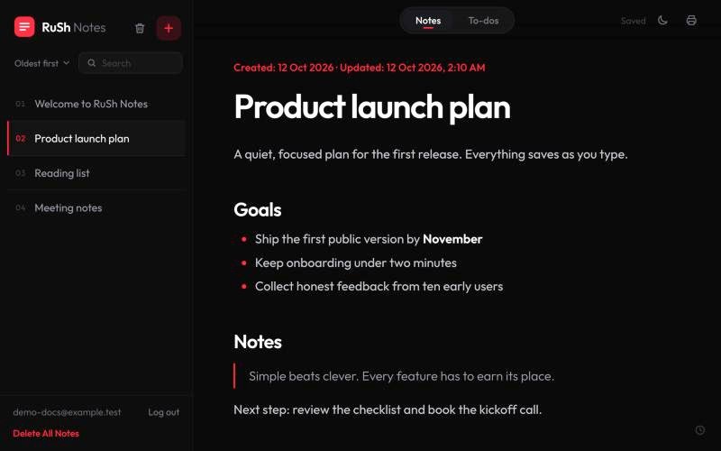 A note open in the editor, with the note list on the left.