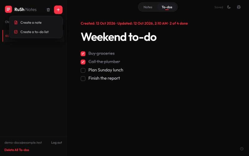 The + menu offers a note or a to-do list.